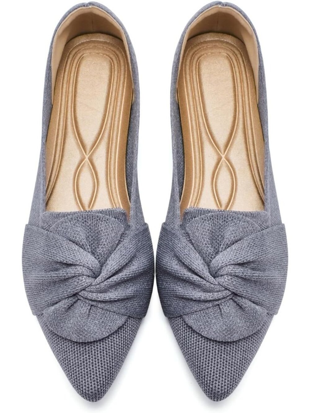 Women's Grey Pointed Toe Bow Comfortable Knit Dressy Pull On Ballet Flat Shoes